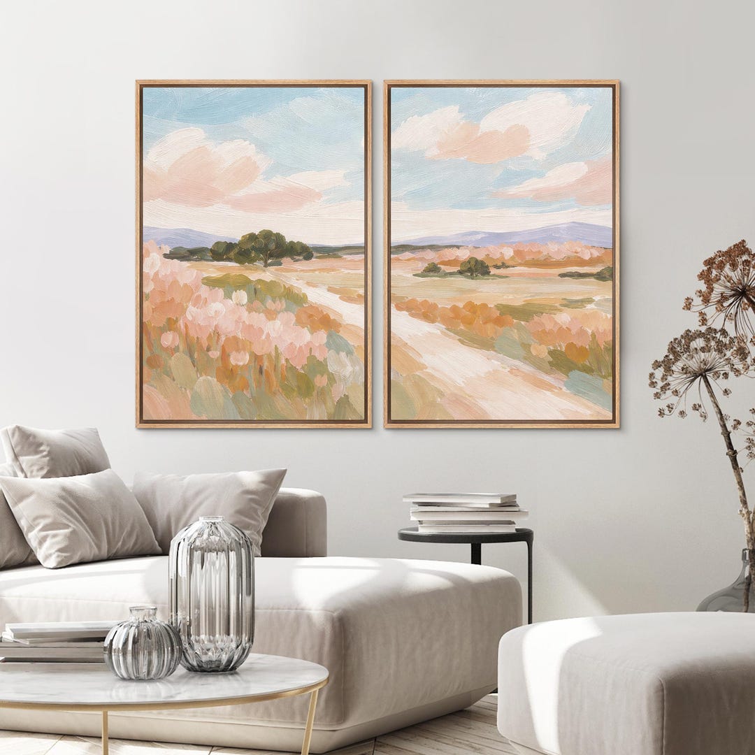 Framed Pastel Landscape Wall Art Set of 2, Soft Pink Wildflower Meadow ...