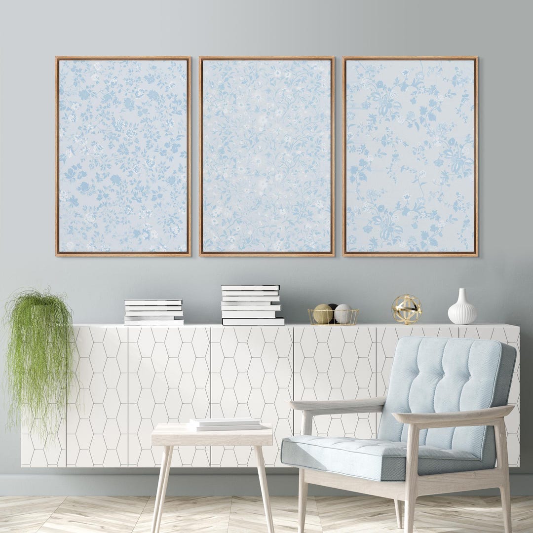 Blue Floral Wall Art Set of 3 - Framed Vintage Botanical Canvas Prints ...