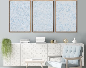 Blue Floral Wall Art Set of 3 - Framed Vintage Botanical Canvas Prints, Elegant Light Blue Flower Artwork for Modern and Classic Home Decor