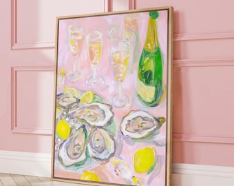 Oysters & Champagne Wall Art - Framed Party Canvas Print, Colorful Impressionist Food and Drink Painting for Pink Kitchen or Dining Room