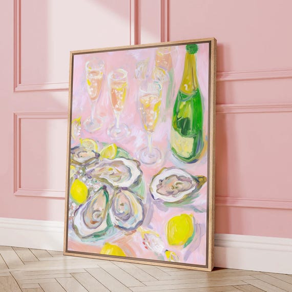 Oysters & Champagne Wall Art - Framed Party Canvas Print, Colorful Impressionist Food and Drink Painting for Pink Kitchen or Dining Room