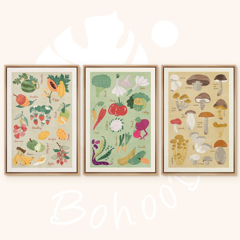 May include: Three illustrated prints featuring different types of produce. The first print features fruits like papaya, watermelon, and strawberries. The second print features vegetables like broccoli, cauliflower, and carrots. The third print features mushrooms in various shapes and sizes.