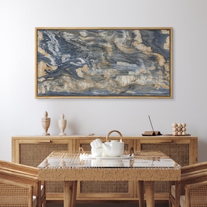 Framed Canvas Large Wall Art Abstract Blue Original Painting Printed Minimalist Modern Panoramic Neutral Wall Art Living Room Decor