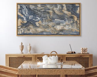 Framed Canvas Large Wall Art Abstract Blue Original Painting Printed Minimalist Modern Panoramic Neutral Wall Art Living Room Decor