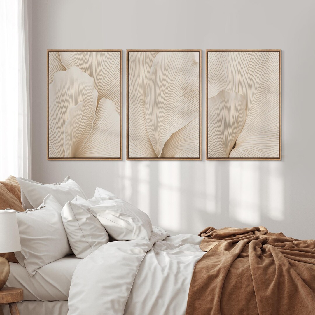 Neutral Wall Art, Botanical Art, Set of 3 Framed Canvas Beige Flower ...