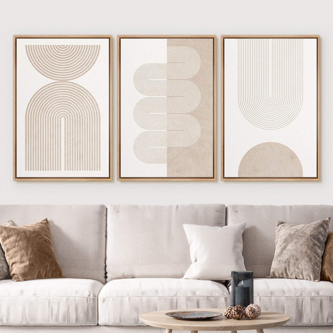 Framed Canvas Wall Art Set of 3 Geometric Beige Spiral Wave Mid Century ...
