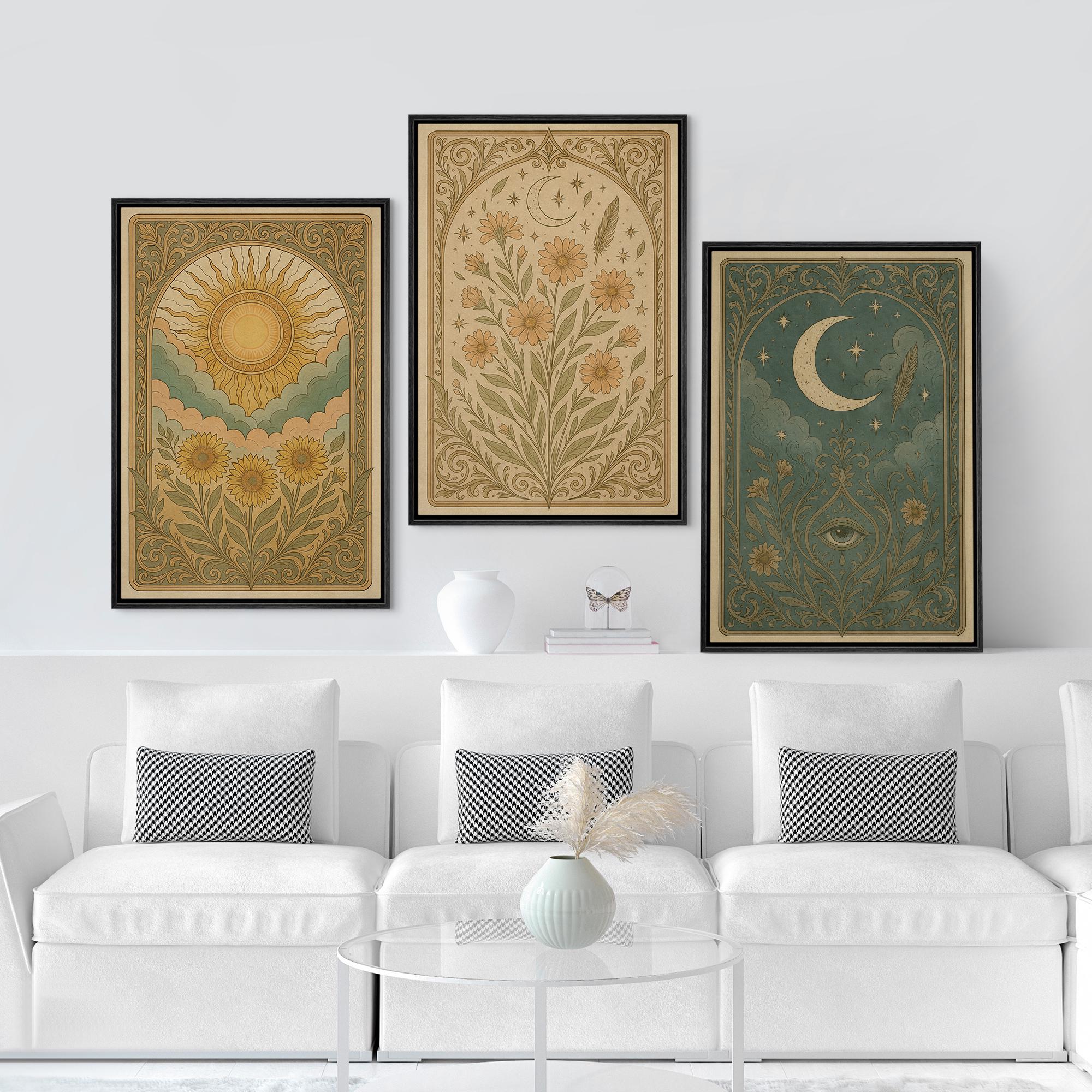 Boho Sun & Moon Wall Art - Set of 3 Framed Celestial Canvas Prints ...