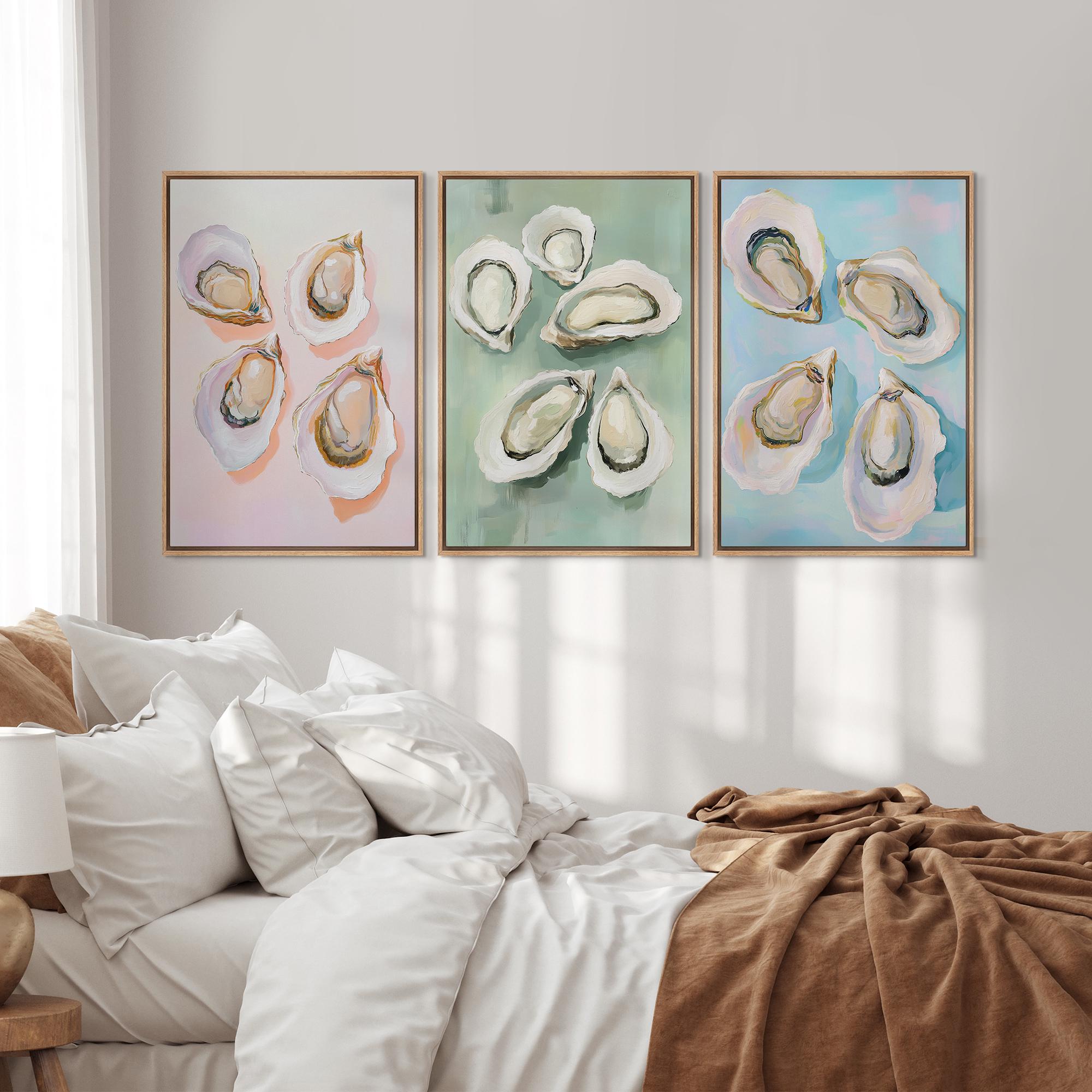 Colorful Oyster Shell Art Set of 3 - Framed Pastel Canvas Prints, Beach ...