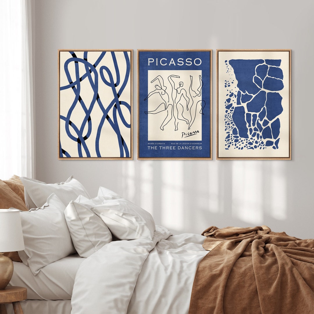Framed Canvas Wall Art Set of 3 Abstract Blue Picasso Fine Art Print ...