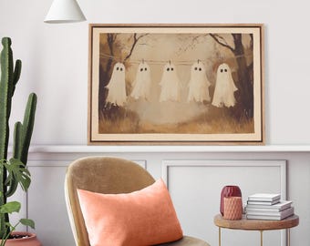 Vintage Ghost Laundry Line Wall Art - Framed Fall Halloween Canvas Print, Whimsical Hanging Ghosts Artwork for Farmhouse or Nursery Decor