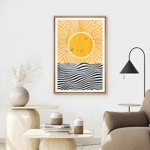 Framed Canvas Wall Art, Sun with Rays and Ocean Wave Landscape Prints, Mid Century Modern, Home Artwork, Neutral, Boho, Decor for Bedroom
