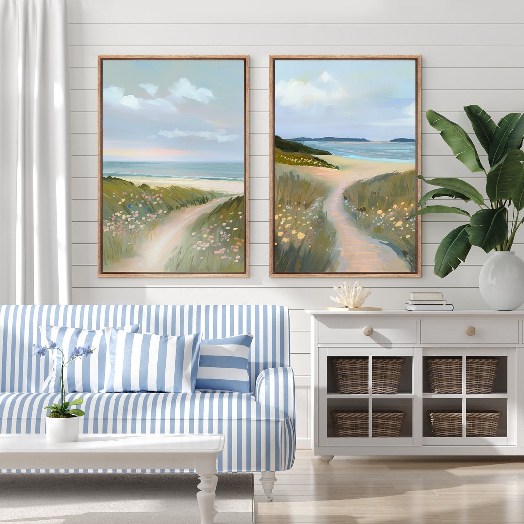 Framed Canvas Wall Art Set of 2 Watercolor Blue Beach Ocean Prints ...