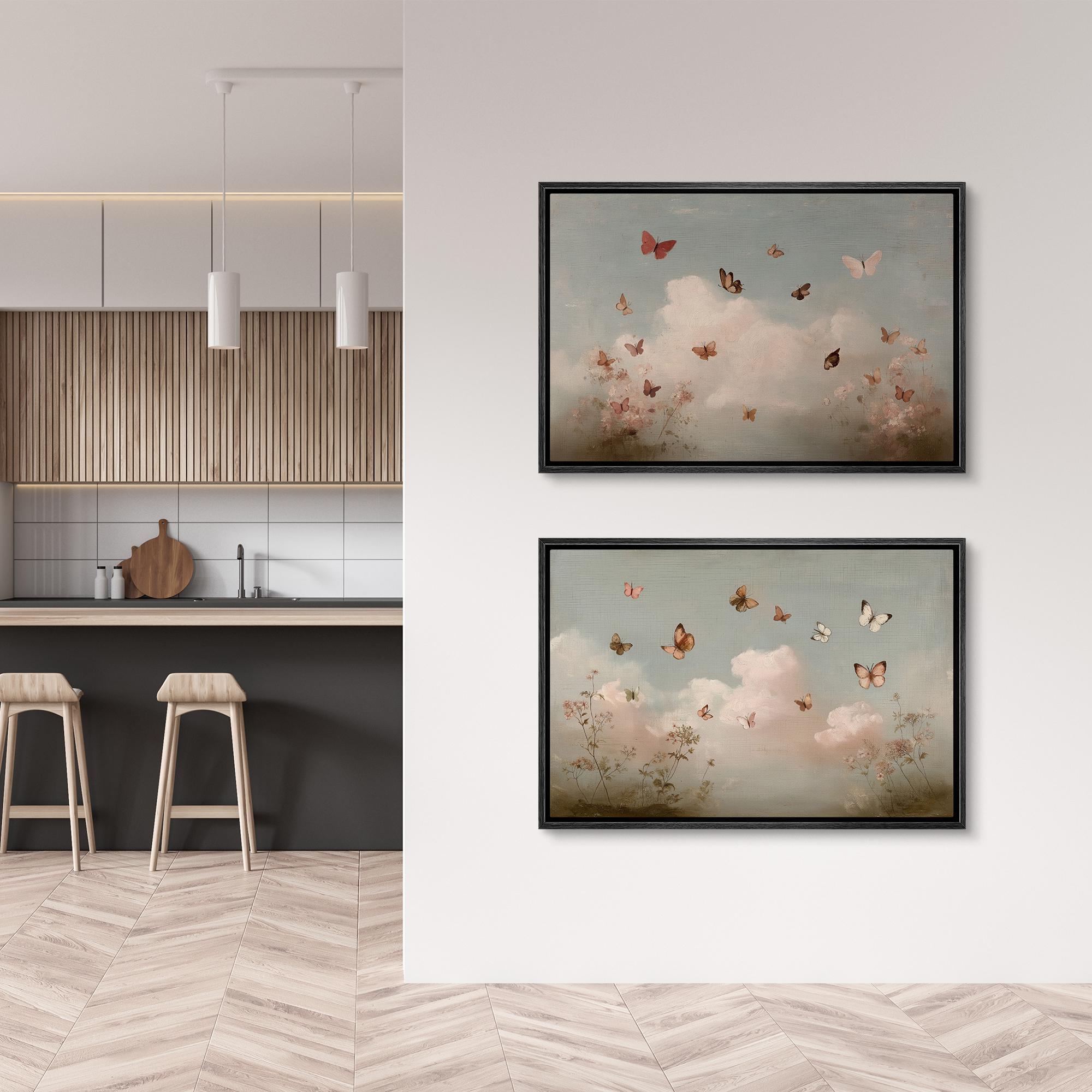 Butterfly Wall Art Set of 2, Framed Romantic Pastel Sky & Flower Canvas ...