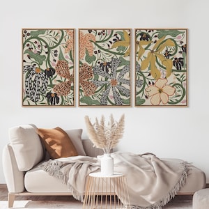 Bold Floral Wall Art - Set of 3 Framed Pop Botanical Canvas, Abstract Flowers in Mid-Century Boho Style, Living Room or Bedroom Decor