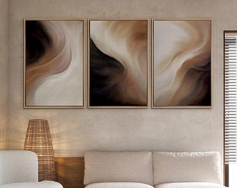 Framed Canvas Wall Art Prints Set of 3 Abstract Pastel Watercolor Brown Black Painting Print Minimalist Modern Neutral Wall Art Decor