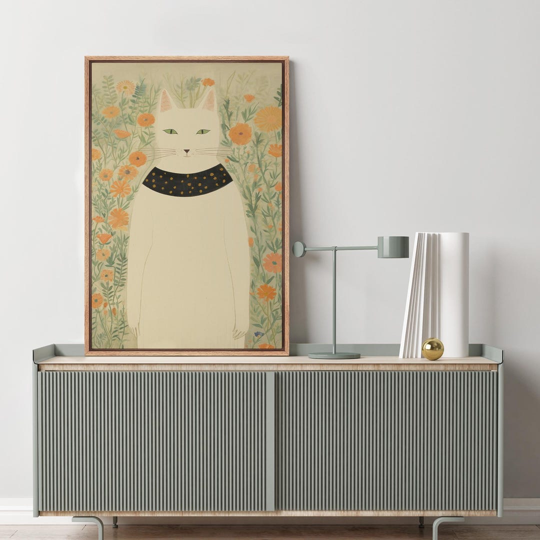 Framed Canvas Wall Art Whimsical White Cat Orange Floral Print ...