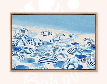 Blue & White Umbrella Wall Art - Framed Coastal Canvas Print, Summer Seaside Painting for Relaxed Beach House or Home Decor