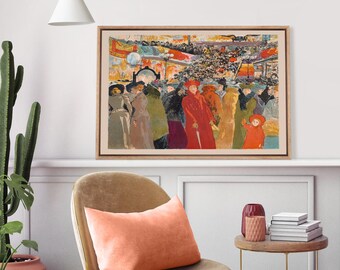 Vintage Paris Street Scene Wall Art - Framed Women in Winter Coats Canvas Print, Colorful Impressionist City Life Decor for Living Room