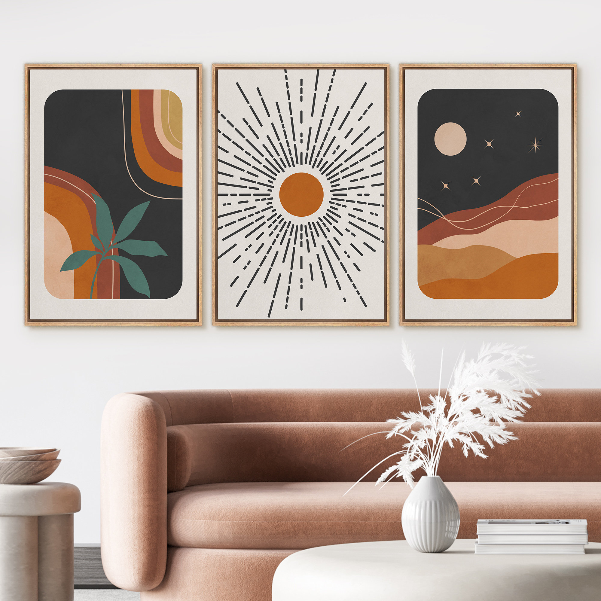 Framed Canvas Print Wall Art Set Mid-century Colorful Sun Moon