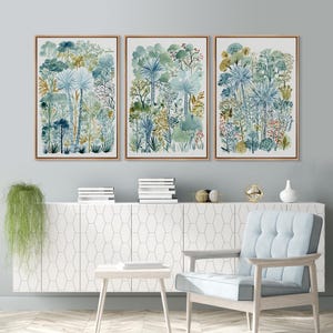 May include: A set of three vertical wall art prints featuring watercolor-style illustrations of lush tropical foliage and palm trees in shades of blue, green, and yellow, each enclosed in a thin, light-colored wooden frame for display.