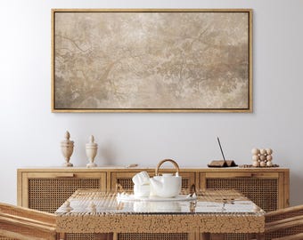 Large Neutral Tree Canopy Framed Wall Art, Beige Forest Branch Canvas Print, Misty Woodland Decor for Living Room
