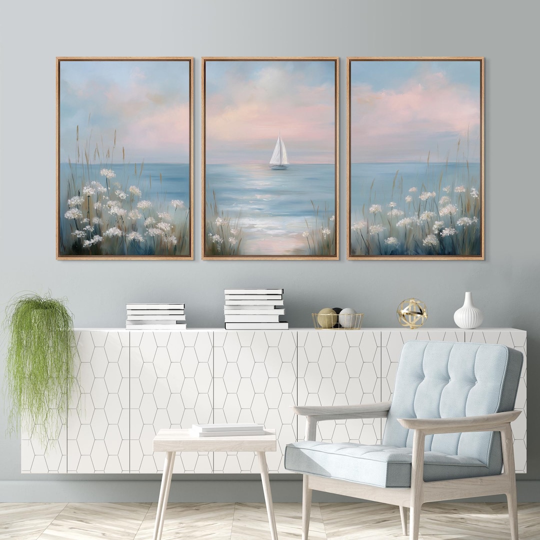 Framed Coastal Sailboat Wall Art Set of 3, Soft Ocean Sunset Prints ...