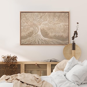 May include: A framed canvas art print featuring a detailed illustration of a tree with expansive roots and branches. The artwork is rendered in shades of beige and brown, with a light-colored background. The frame is a light brown color.