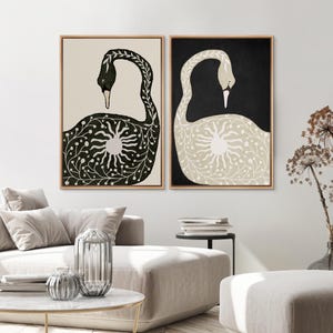 Abstract Swan Wall Art Set of 2, Framed Black & White Botanical Bird Canvas Prints, Boho Nordic Nature Decor for Living Room