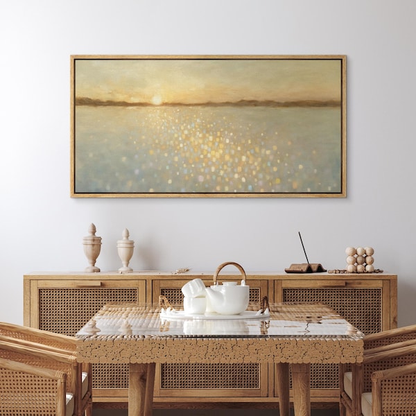 Arte de pared con reflejo del océano y atardecer enmarcado grande, impresión en lienzo de paisaje marino abstracto suave, obra de arte de paisaje costero cálido para decoración de dormitorio