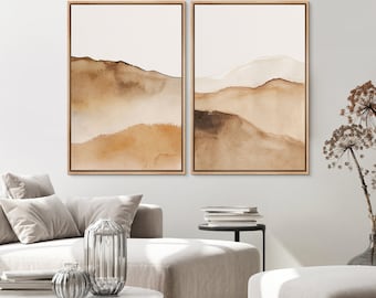 2 Pieces Framed Canvas Wall Art Abstract Mountain Landscape Beige Art Prints Minimalist Modern Neutral Wall Art Living Room Decor