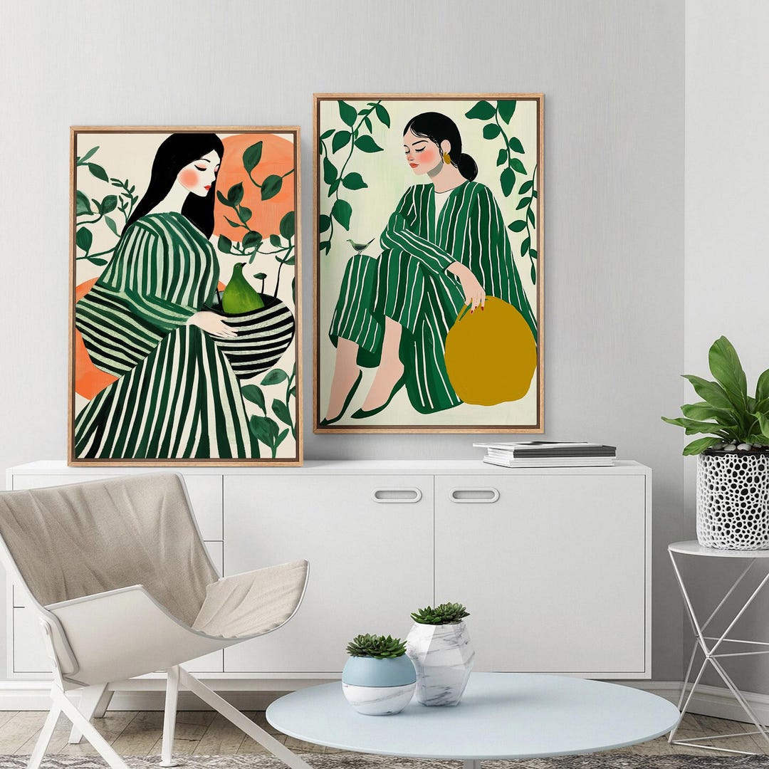 Modern Abstract Woman Framed Canvas Wall Art Set of 2 Minimalist Female ...