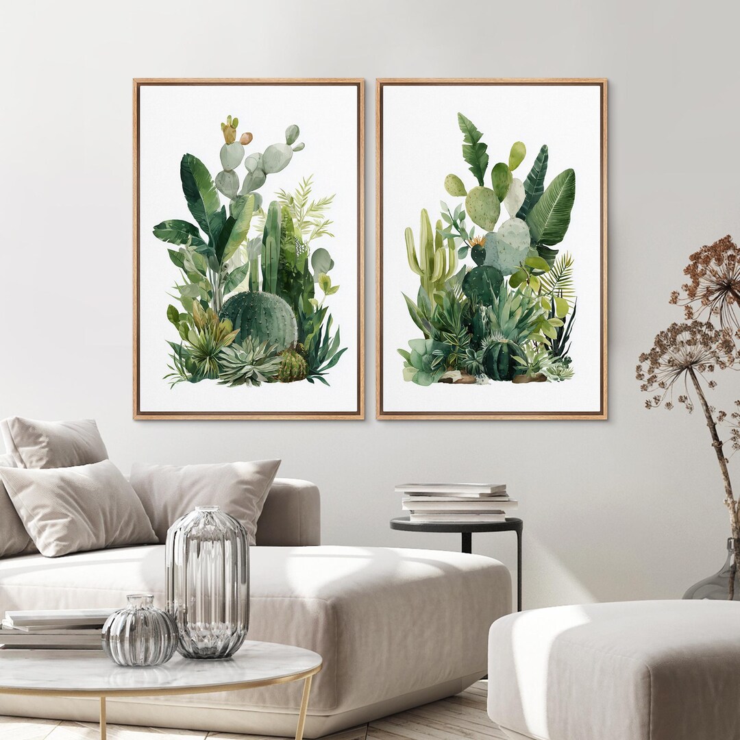 Watercolor Cactus Framed Wall Art Set of 2, Desert Botanical Succulent ...