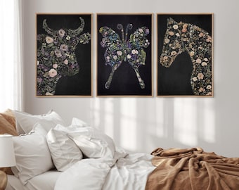Set of 3 Framed Canvas Abstract Wall Art Prints Abstract Moody Flower Butterfly Wall Print Minimalist Modern Wall Art Boho Decor
