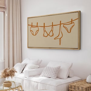 Large Framed Minimalist Lingerie Line Wall Art, Modern Underwear Clothesline Canvas Print, Playful Fashion Artwork for Dressing Room Decor