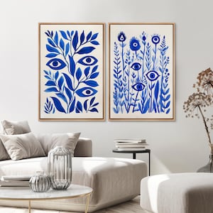2 Pieces Framed Canvas Wall Art Prints Vintage Blue Floral Pattern Matisse Flower Mid Century Modern Boho Wall Art Living Room Decor