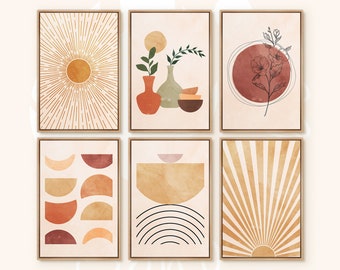 Framed Canvas Print Wall Art Set Botanical Flowers Sun with Rays Shapes Abstract Illustrations Modern Art Decorative Nordic Calm/Zen