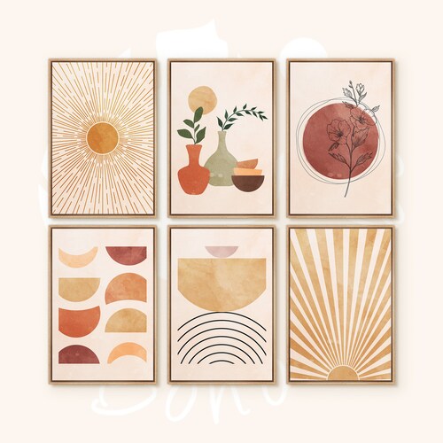 Framed Canvas Print Wall Art Set Botanical Flowers Sun with Rays Shapes Abstract Illustrations Modern Art Decorative Nordic Calm/Zen