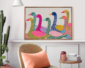 Dopamine Goose Wall Art - Framed Colorful Canvas Print, Vibrant Abstract Geese Painting, Playful Boho Animal Decor for Farmhouse or Nursery