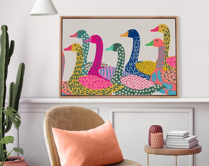 Dopamine Goose Wall Art - Framed Colorful Canvas Print, Vibrant Abstract Geese Painting, Playful Boho Animal Decor for Farmhouse or Nursery