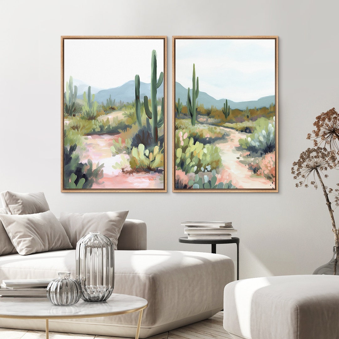 Framed Canvas Wall Art Print Set of 2, Green Cactus Desert, Southwest ...