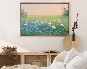 Framed Canvas Wall Art Impressionist Goose Pastoral Farm Landscape Print White duck in Meadow Cottagecore Animal Art Rustic Country Decor