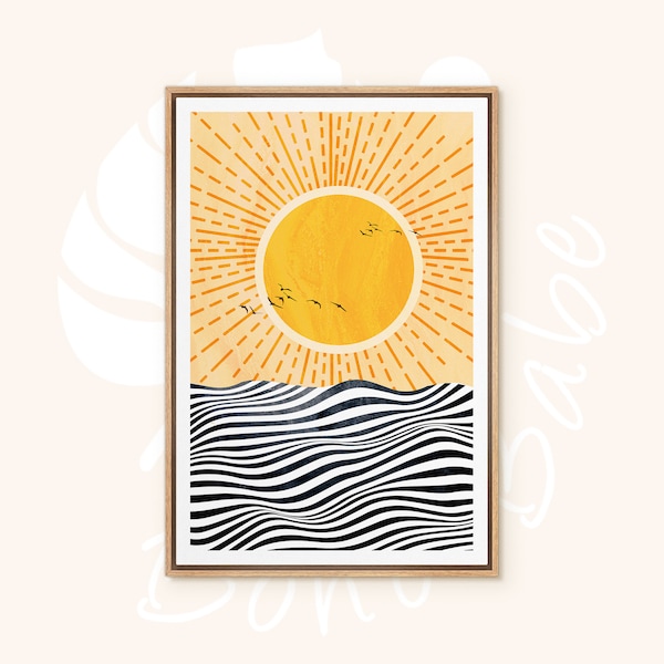 Framed Canvas Wall Art, Sun with Rays and Ocean Wave Landscape Prints, Mid Century Modern, Home Artwork, Neutral, Boho, Decor for Bedroom