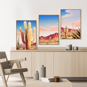 Set of 3 Wall Art, Desert Landscape Prints, South West Canvas Wall Decor, Boho Wall Art, Mid-Century Modern Nature Botanical Floral Artwork