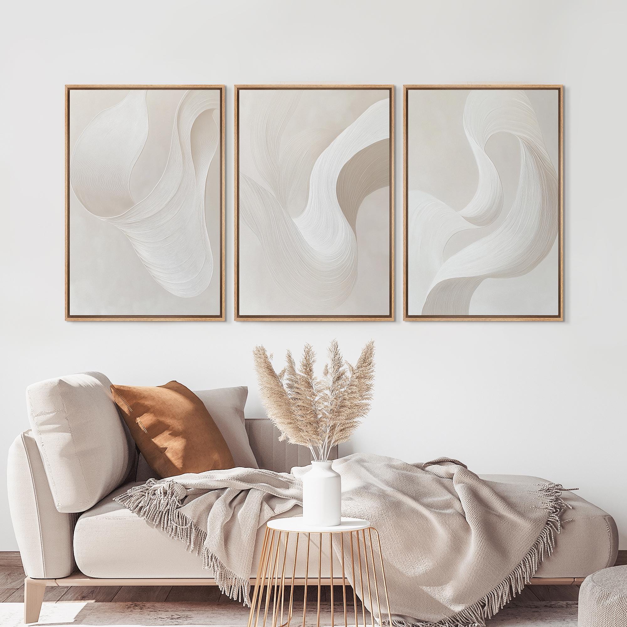Framed Canvas Wall Art Prints Set of 3 Abstract Soft Calm White Art Print Minimalist Modern Neutral Art Living Room Wall Decor