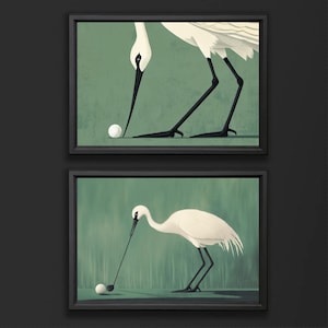 Framed Canvas Crane Golf Wall Art Print Set of 2 Funny Bird Playing Golf artwork Minimalist Heron Sports Poster Modern Print for Golf Lovers