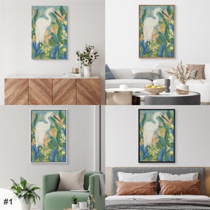 White Egret Wall Art - Set of 2 Framed Tropical Bird & Floral Canvas Prints, Coastal Botanical Decor for Beach House or Living Room image 5
