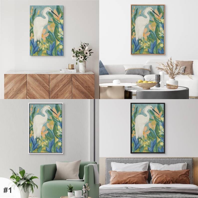 White Egret Wall Art - Set of 2 Framed Tropical Bird & Floral Canvas Prints, Coastal Botanical Decor for Beach House or Living Room image 5