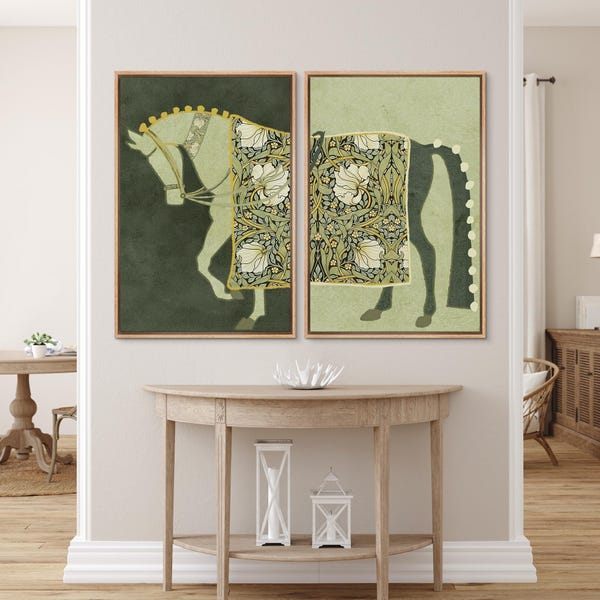 Framed Canvas Wall Art Prints Set of 2 Abstract Green Pimpernel Flower by William Morris Vintage Horse Wall Art Bedroom Decor