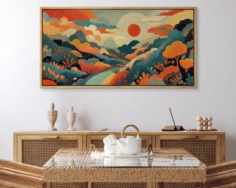 Large Framed Colorful Abstract Landscape Wall Art, Modern Folk Art Style Sun & Mountains Canvas Print, Bold Nature Decor for Bedroom