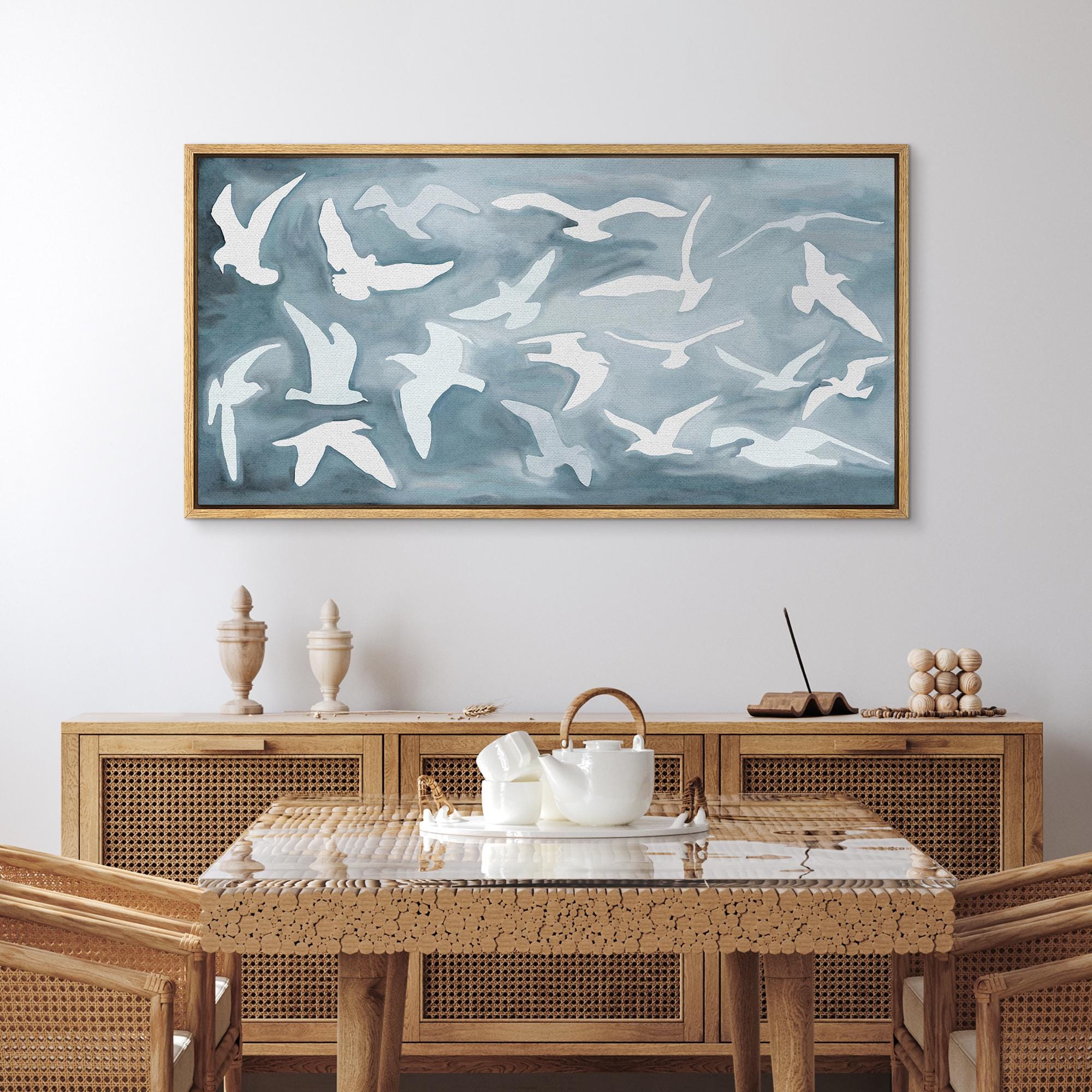 Framed Canvas Wall Art Abstract Blue White Heron Bird Flock Art Print ...